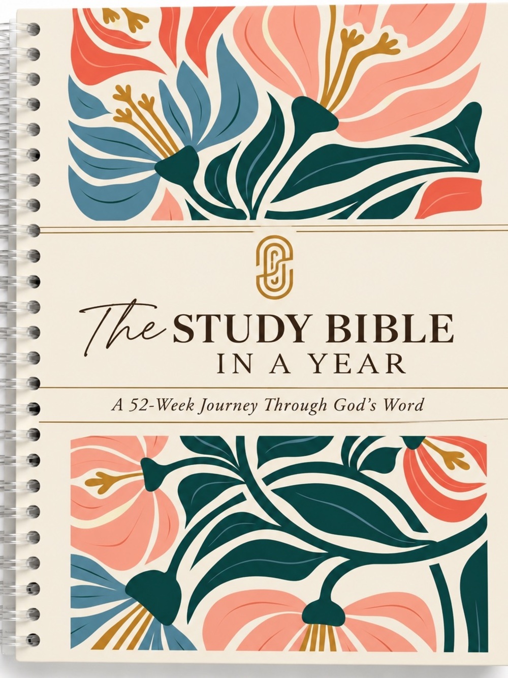 The Study Bible in a Year Spiral Journal - Cream with Coral & Teal Floral